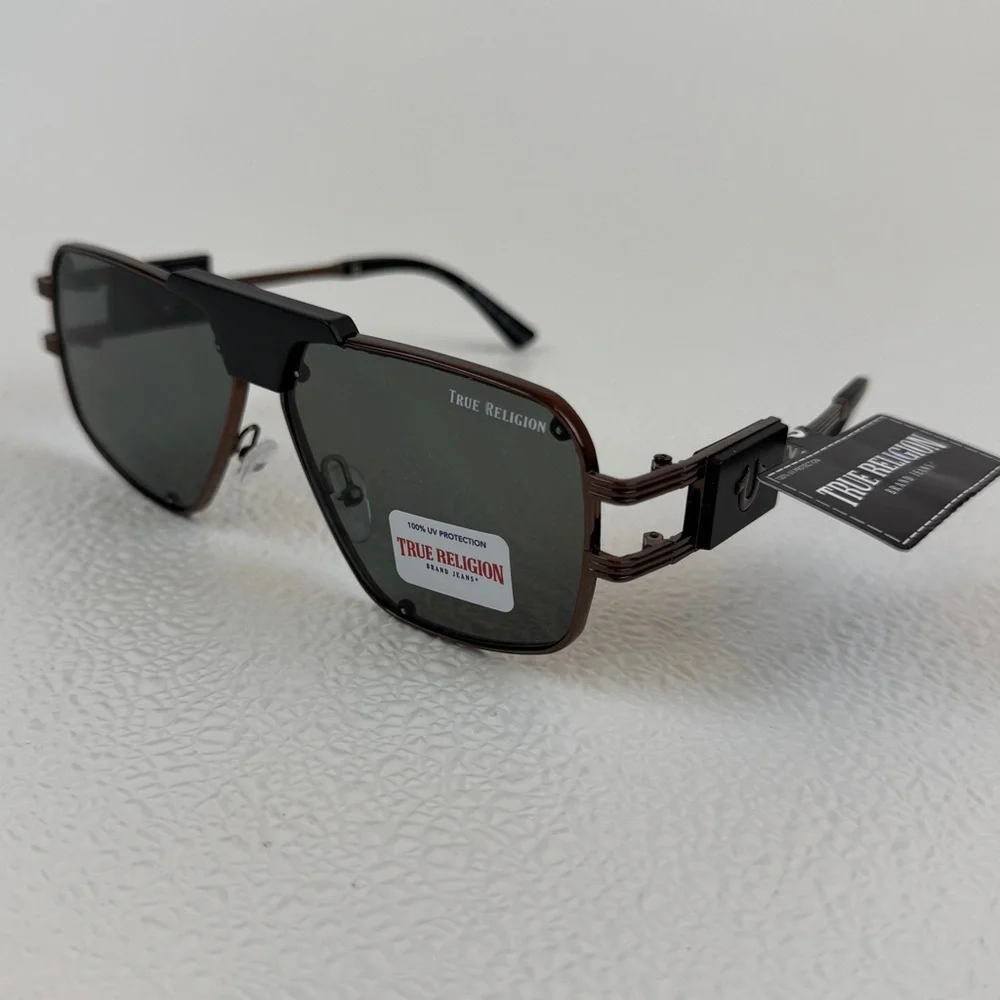NWT True Religion Aviator Sunglasses Solid Lens Brown Frame Bold Hardware Unisex